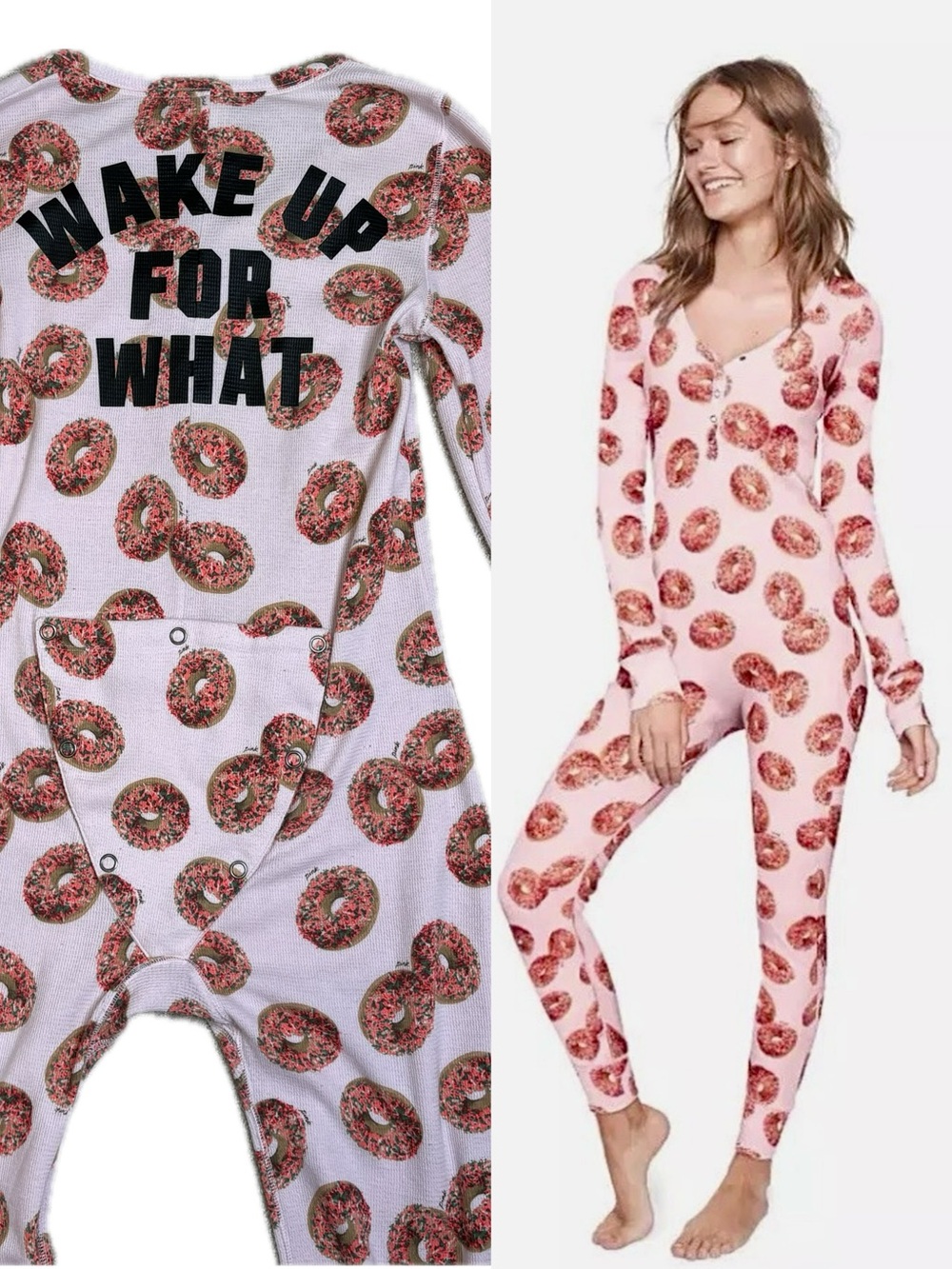PINK Victoria's Secret Donut One Piece Pajamas Size Large Waffle Henley Sleep